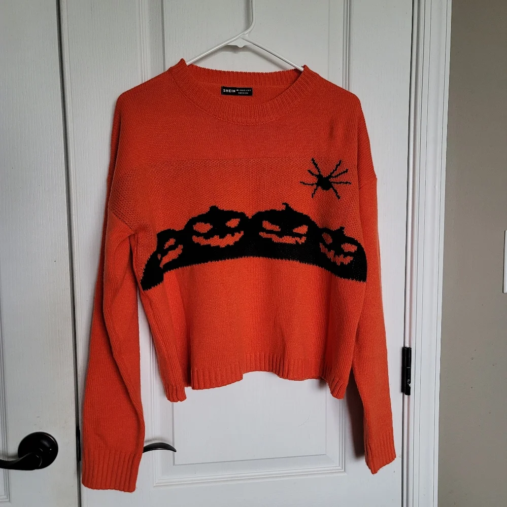 SHEIN Halloween Pumpkin & Spider Pattern Sweater | Size Large | LIKE NEW - Picture 2 of 5